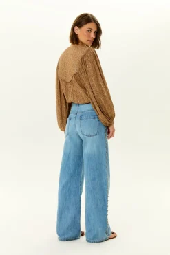 Calça Jeans Wide Leg Rebites Laterais