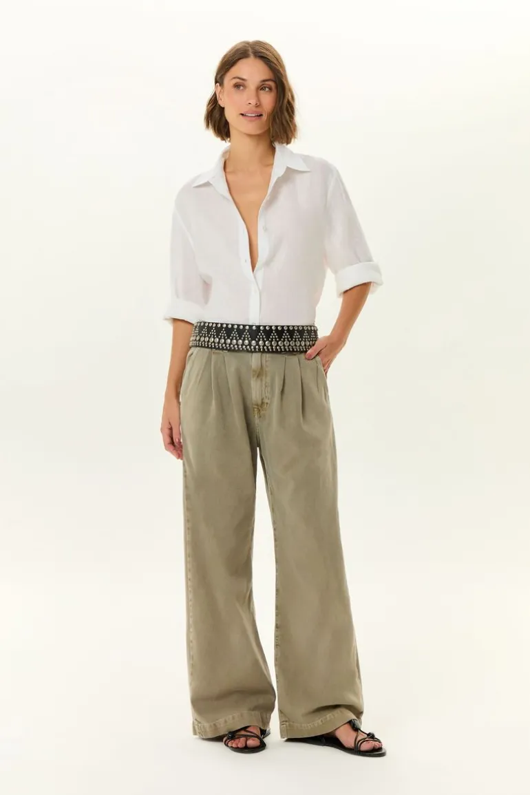 Calça Sarja Wide Leg Pregas