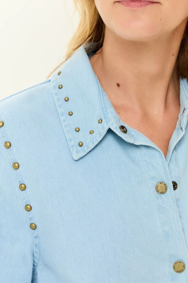 Camisa Jeans Rebites Gola e Cava