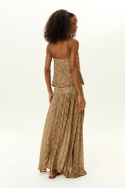 Saia Midi Estampa Leaf Denim
