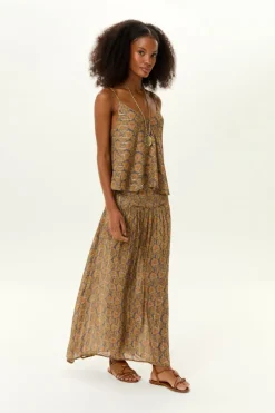 Saia Midi Estampa Leaf Denim