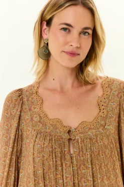 Vestido Decote Festone Estampa Leaf
